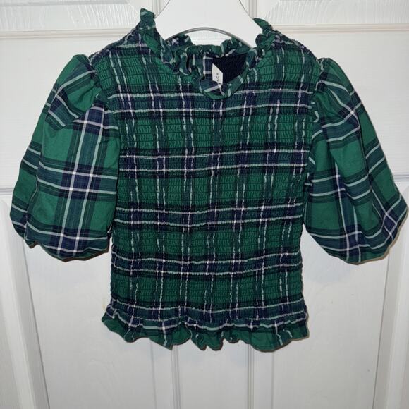Janie And Jack Girls Green Plaid Smocked Crop Blouse Size 8 - Picture 1 of 5